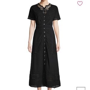 SAKS Luxury black eyelet lace cotton button down dolman sleeve midi dress